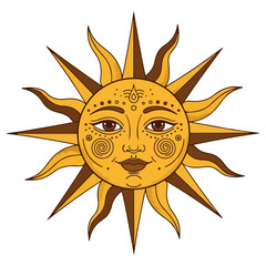 Sun Illustration with Face and Rays in Golden Color.