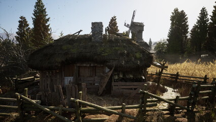 An old, abandoned hut with a thatched roof stands amid tall trees and golden crops under clear skies. The surrounding fence adds to the rustic charm of this serene rural location.
