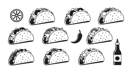 Delicious tacos and mexican food ingredients collection for culinary design silhouette