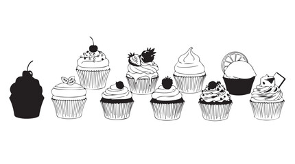 A delicious assortment of gourmet cupcakes with frosting and decorations silhouette