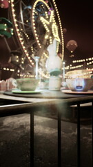 A Ferris wheel stands tall, lit up against the dark night sky in a deserted amusement park filled with old, abandoned rides.