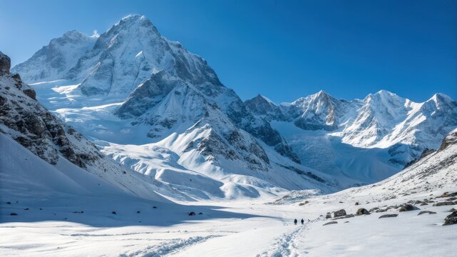 Majestic snow covered mountains under a clear blue sky