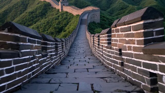 Looking down the Great Wall of China with a perspective shot of the bricks leading towards the mountains in the background.Close-up shot of the Great Wall of China, capturing the detailed stonework