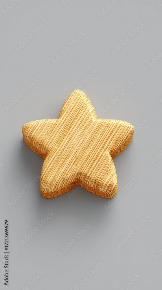 Poster a golden textured star shaped object with diagonal lines on a plain grey background