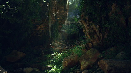 A stream winds its way through a dense green forest in Indonesia, creating a serene natural scene.