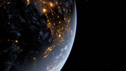 Earth from space during the night, with city lights illuminating the dark side of the planet. © icetray