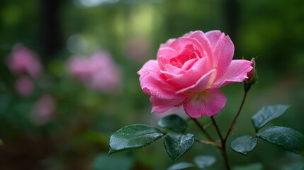 Close up view of a dew covered pink rose with soft green foliage background