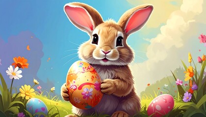 Cute bunny holding Easter egg in a spring meadow