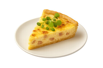 Delicious savory quiche slice with ham on a plate, isolated on transparent background