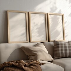 Three Empty Vertical Wooden Frames Leaning on Sofa, Cinematic Interior Mockup
