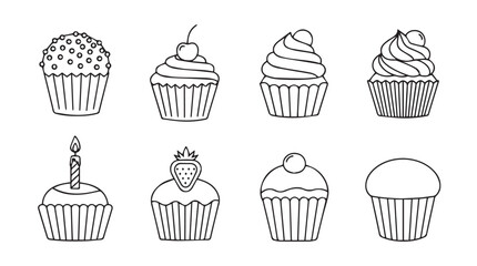 Collection of hand drawn cupcakes sweet desserts various toppings and decorations isolated line art style silhouette
