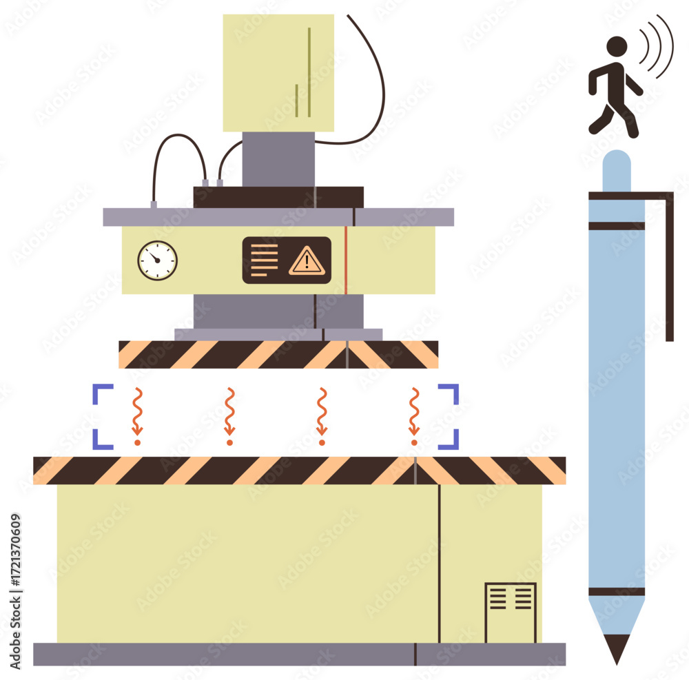Poster factory machine emitting signals, sensors detecting movement of small character on giant pen. ideal 