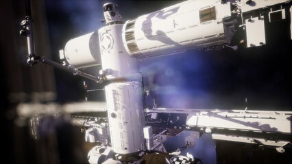 A stunning view of a space station suspended in the blackness of space, showcasing its intricate structure against a backdrop of distant stars, highlighting human ingenuity and exploration.