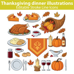 Thanksgiving Dinner Vector Illustration Set 2 &ndash; Autumn Harvest, Family Feast, and Holiday Food Icons
