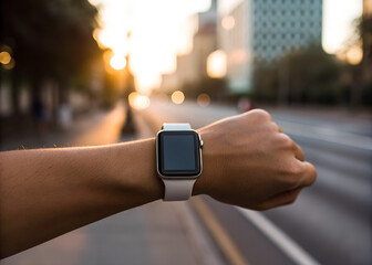 Smartwatch Fitness Tracker on Wrist at Urban Dawn

