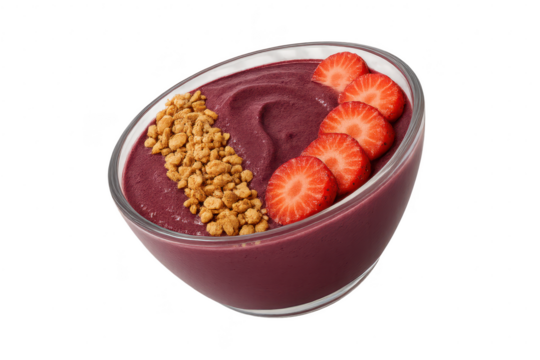 Açaí bowl with granola and strawberries, isolated on clear background, sweet