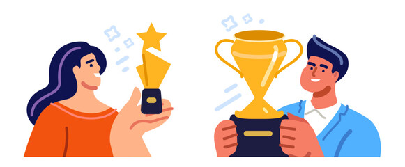 Celebrate with trophy. Career success leadership achievement ambition business goal, determination. Award ceremony