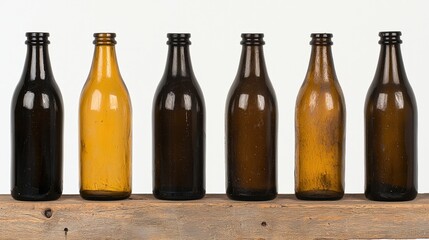 Six glass bottles of varying colors and shapes sit on a wooden shelf.