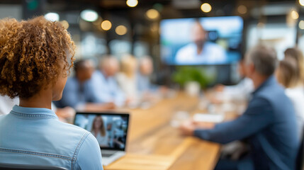 Professionals engage during a meeting while discussing important topics in a modern conference room