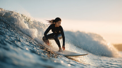 Woman surfing a wave at sunset with skill and determination