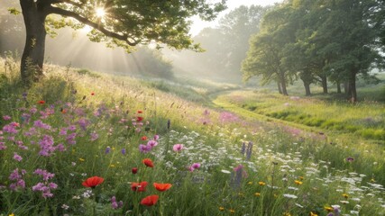 Obraz premium Sunlight streams through trees onto a meadow of wildflowers