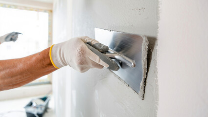 Photo of a construction workers gloved hand uses a trowel to apply plaster to a wall