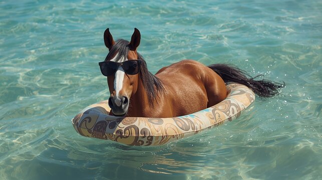 A horse sporting stylish sunglasses is lounging in a colorful pool float surrounded by tranquil water. It appears to enjoy a warm, sunny day by the beach.