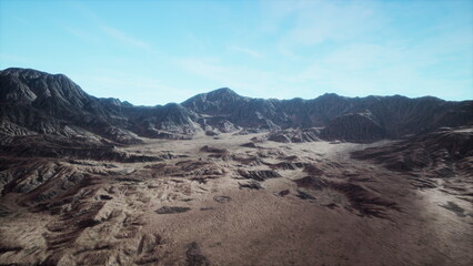 Expansive terrain stretches beneath a bright blue sky, with rugged mountain ranges framing the vast desert. The dry land exhibits diverse textures, highlighting natures grandeur.