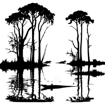 Explore swamp landscape vector with alligator trees and water reflection silhouette