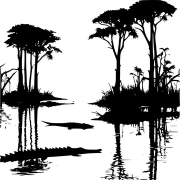 Alligator silhouette in swamp landscape vector graphic nature scene art