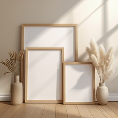 Three Poster Frames of Different Sizes Leaning on Beige Wall with Pampas Grass Vase, Minimalist Mockup