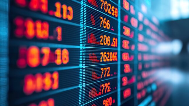 Detailed shot of a digital stock ticker displaying fluctuating prices, real-time market data, 
