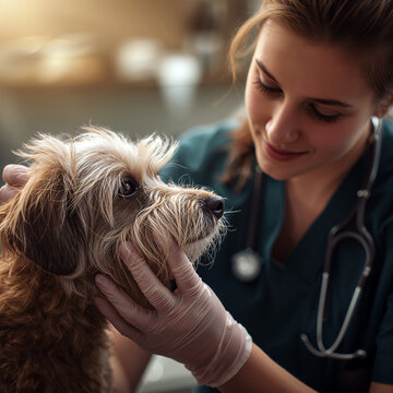 Veterinarian removing ticks from dog with care in clinic environment  