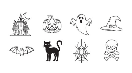 Spooky halloween icons set black cat ghost pumpkin witch hat haunted house bat skull silhouette