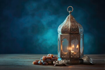 Warm glow of a traditional lantern and dates on a wooden surface