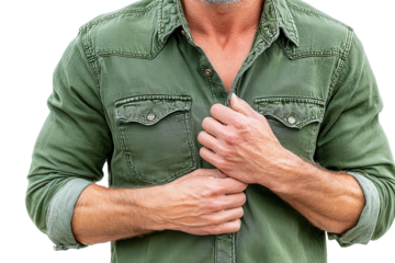 Man fastening his green denim shirt with textured hands isolated on transparent background