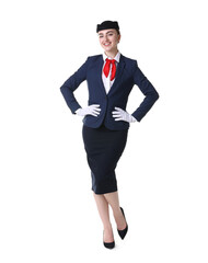 Charming stewardess in uniform on white background