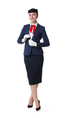 Charming stewardess in uniform on white background