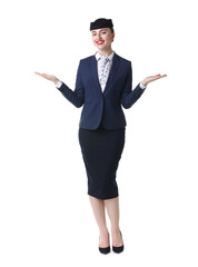 Positive stewardess doing pre-flight safety briefing on white background