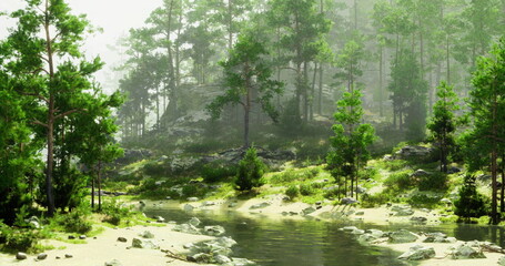 Obraz premium Dense trees surround a tranquil river, with smooth rocks and sandy patches visible along the waters edge. Sunlight filters through the foliage, creating a serene atmosphere.