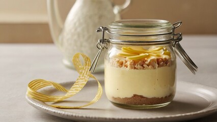 Single-serving lemon cheesecake jar with a ribbon tied around it, styled for a cozy homemade dessert scene