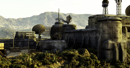 An abandoned research facility sits amidst rugged mountains, surrounded by overgrown vegetation.
