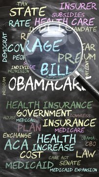 Obamacare being studied, examined - under close inspection. Most important subjects and ideas closely related to obamacare written on a blackboard inspected by a magnifying glass. Can be looped