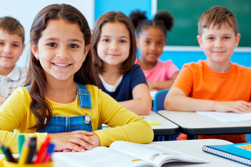 Group of Diverse School Children Sitting at Desks Smiling in Classroom