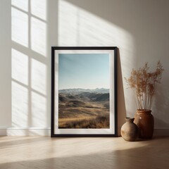 Photorealistic Landscape Frame Wall Art Mockup with Black Frame Near Window