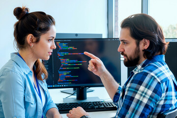 Young Caucasian Man Explaining Programming Code to Young Caucasian Woman