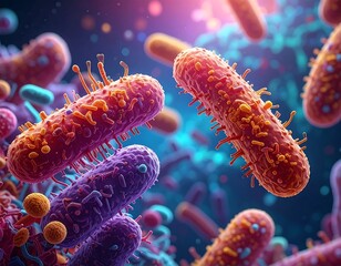 Colorful microscopic bacteria in vibrant 3D