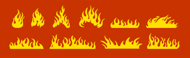 A collection of ten diverse fire patterns in yellow on a bold red backdrop, perfect for artistic designs.