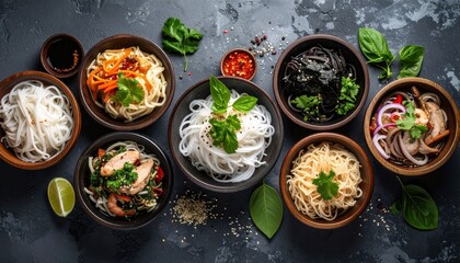 different noodle  in different wooden bowls