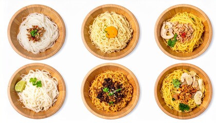 different noodle  in different wooden bowls